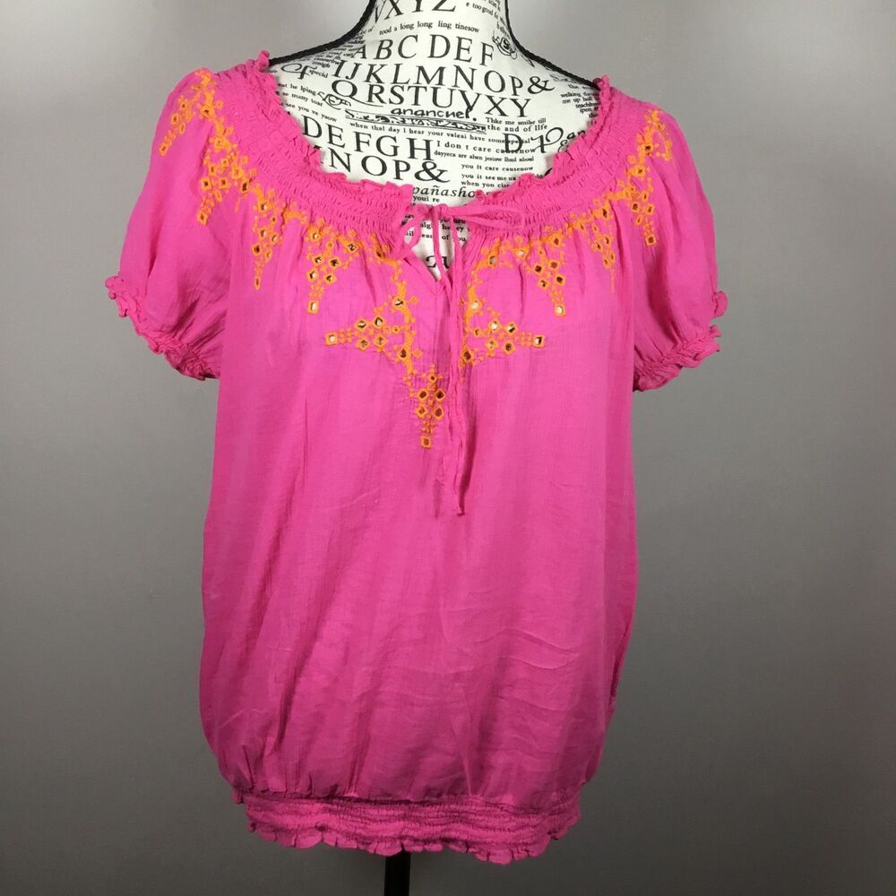 Bright pink wench peasant milkmaid blouse orange embroidery 100% cotton M